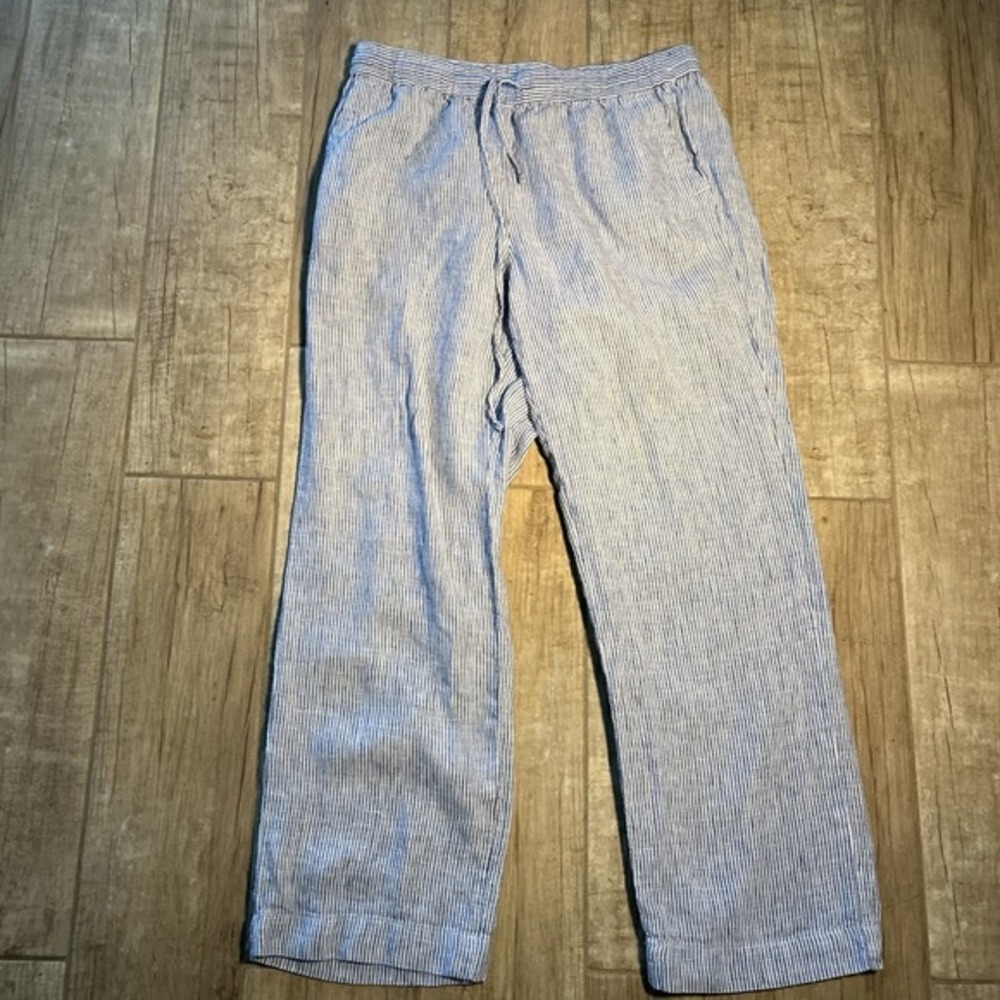 Light Blue Pinstripe Linen-Blend Wide Leg Pants